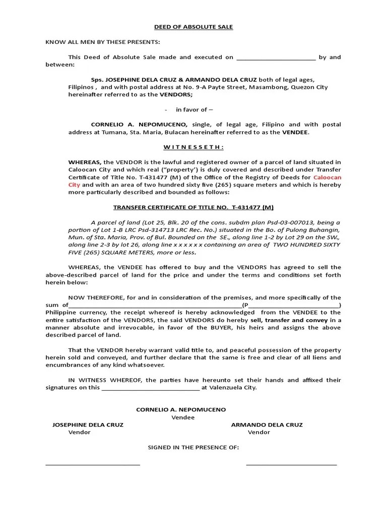 Vendee is a viable alternative to traditional financing. Deed Of Sale Sps Dela Cruz Property Law Property