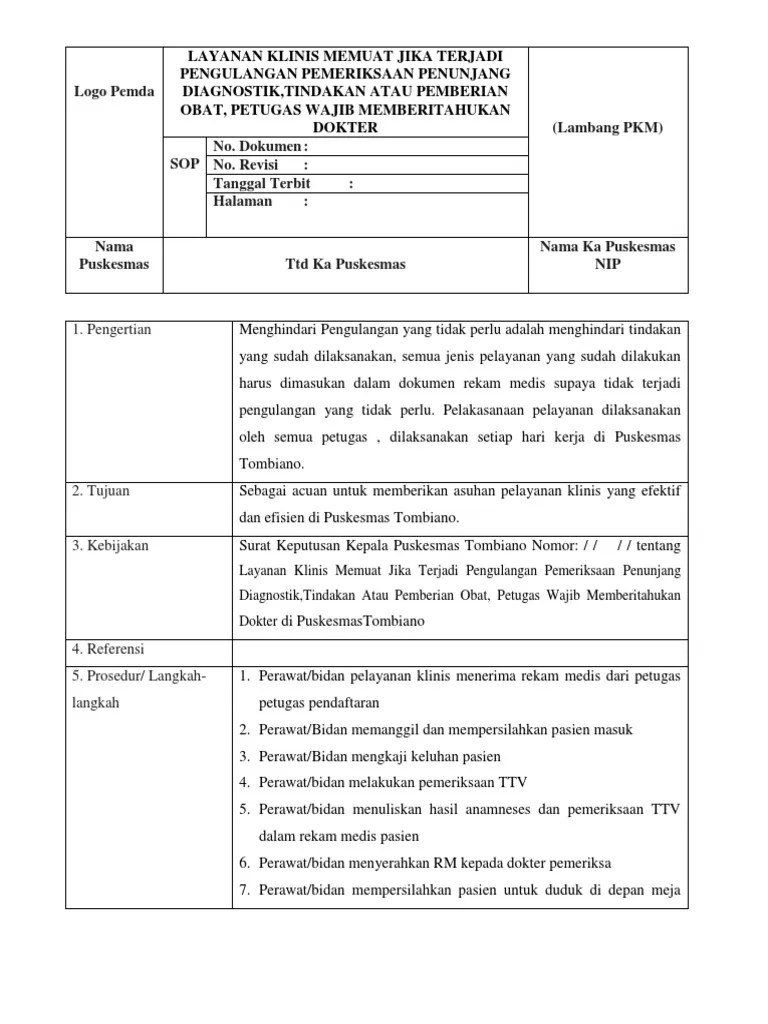 7.6.6.1 Sop Layanan Klinis Memuat Jika Terjadi Pengulangan Pemeriksaan  Penunjang Diagnostik | PDF