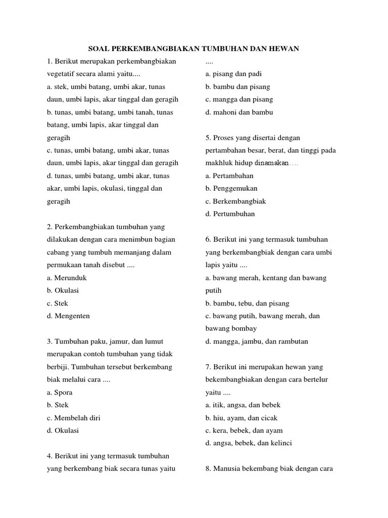 Soal Perkembangbiakan Tumbuhan &amp; Hewan SMP | PDF