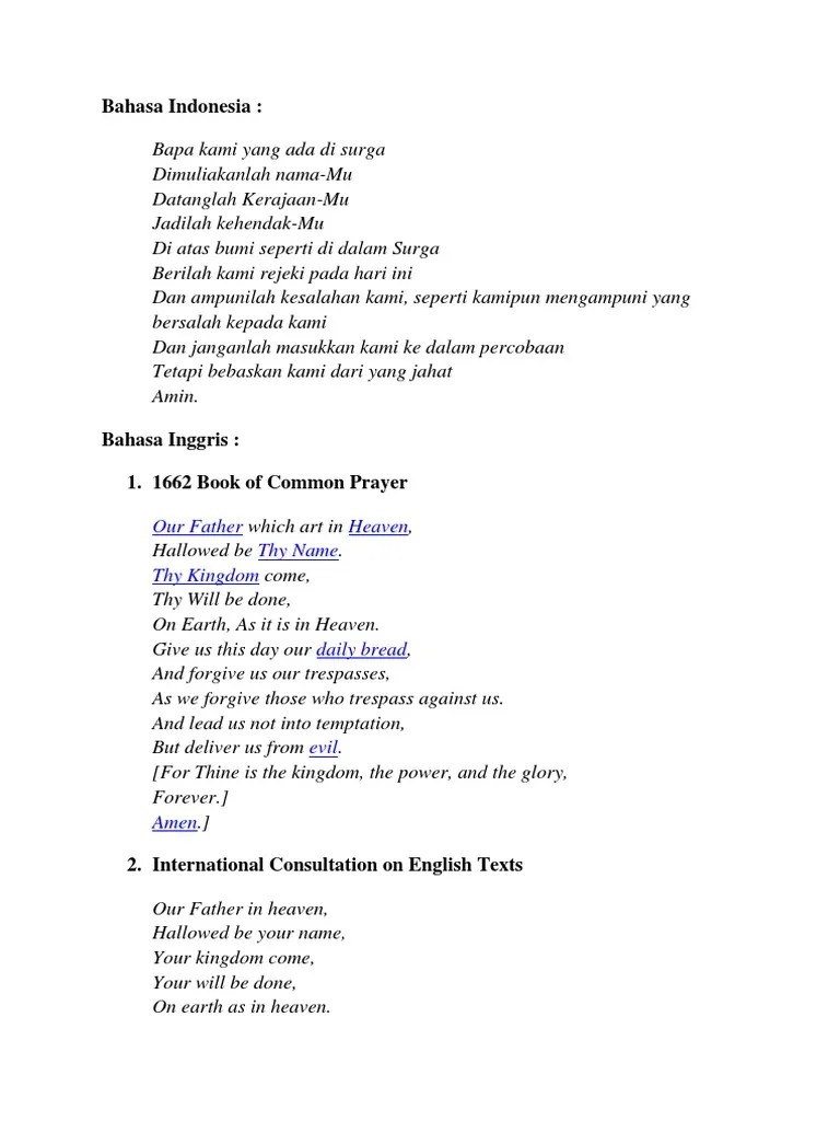Doa Bapa Kami Dalam Bahasa Inggris, Bahasa Jawa | PDF
