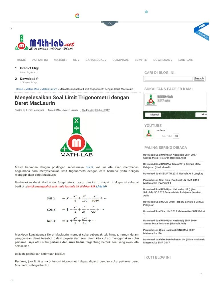Snmptn matdas 2011 kode 158. Menyelesaikan Soal Limit Trigonometri Dengan Deret Maclaurin Math Lab Pdf