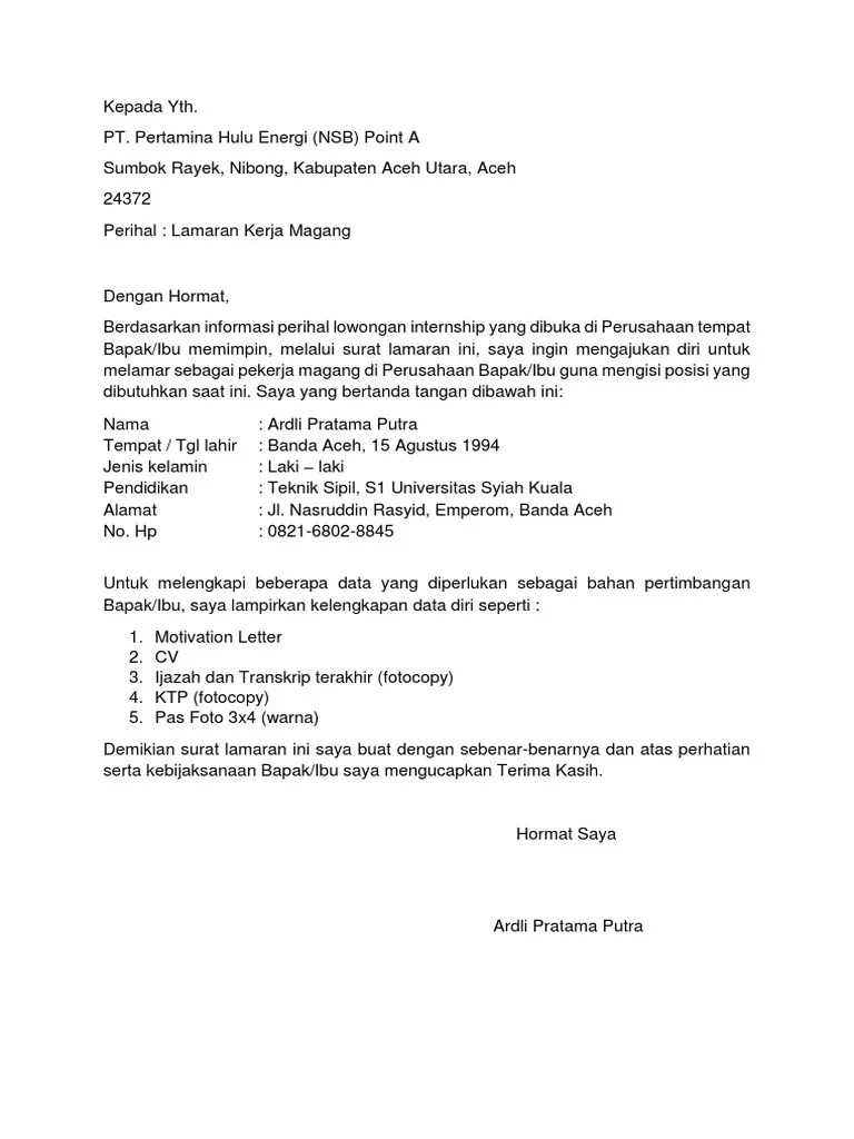 Contoh surat lamaran kerja di pertamina di bagian teknisi mesin · daftar riwayat hidup · fotocopy ijazah dari universitas yang sudah dilegalisasi . Contoh Surat Lamaran Pertamina Pdf