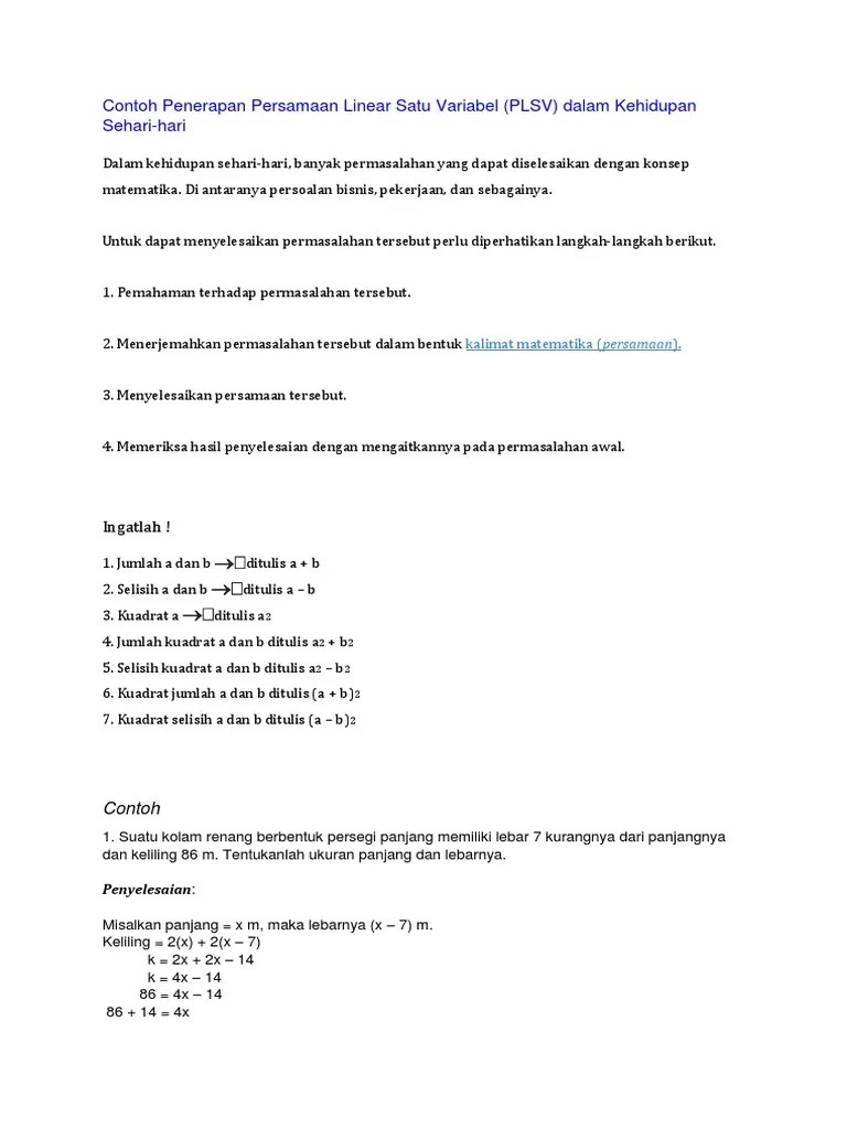 Contoh Soal Cerita Persamaan Linier Satu Variabel - Contoh Soal Terbaru