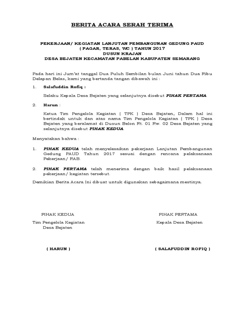 Berita Acara Serah Terima TPK Ke Kades | PDF