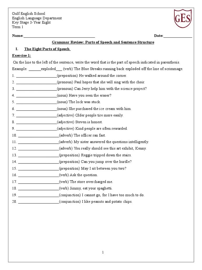 parts of speech review worksheets part of speech verb