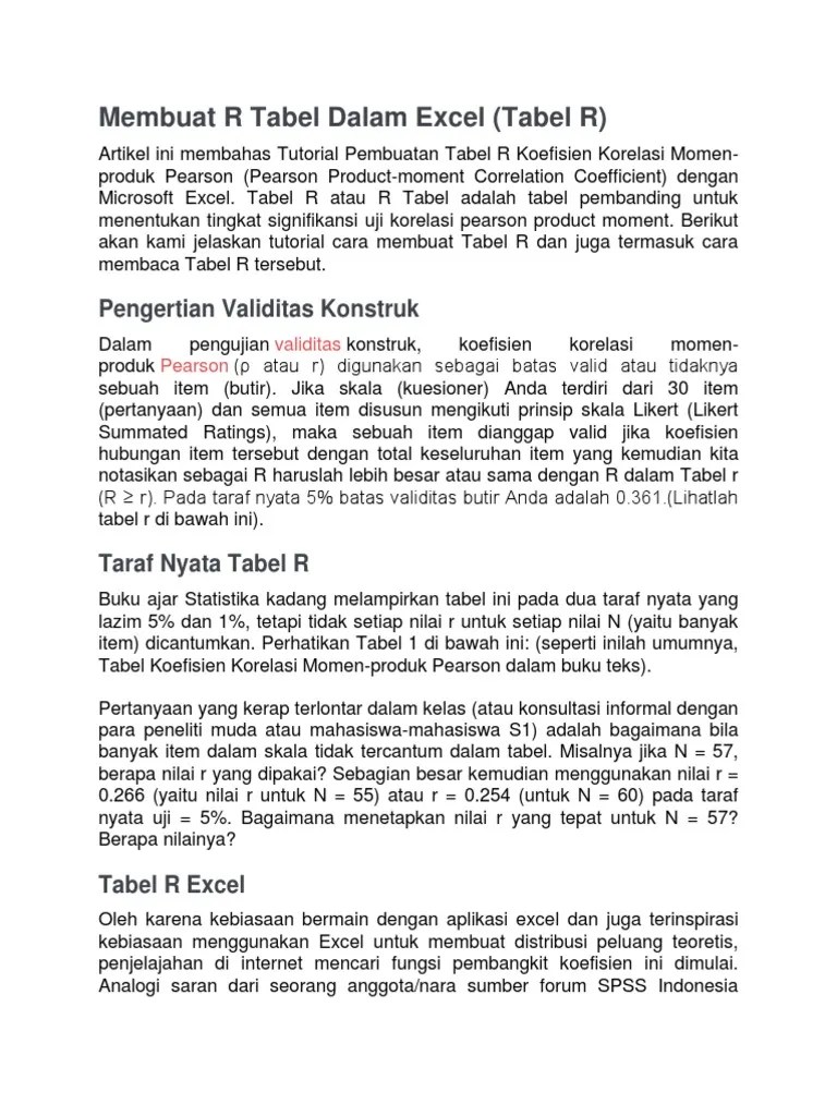 Cara Menghitung R Tabel Product Moment