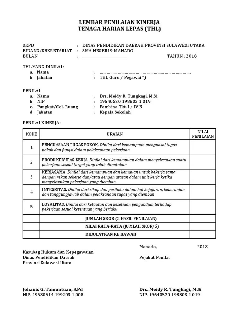 (selain contoh format modal kerja formulir isian kualifikasi telahdisediakan dalam aplikasi spse). Lembar Penilaian Kinerja Thl Pdf