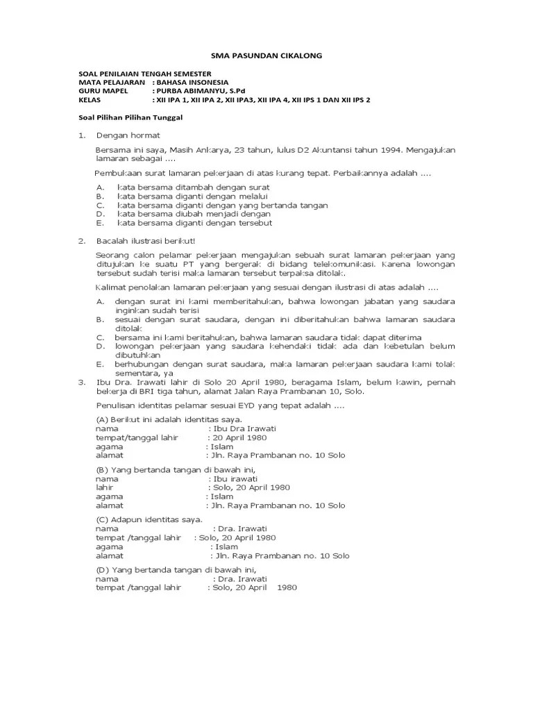 40 soal uts/pts bahasa indonesia kurtilas kelas 12 semester ganjil beserta jawaban. Soal Uts Surat Lamaran Kerjakelas 12 K13