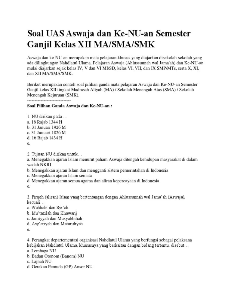 Berikut ini adalah materi pelajaran aswaja kelas xi semester 1. Aba Sul Soal Aswaja Ma Pdf