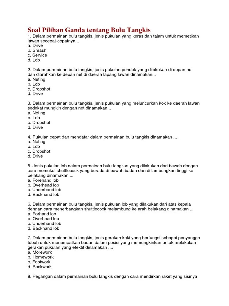 Soal Pilihan Ganda Tentang Bulu Tangkis | PDF