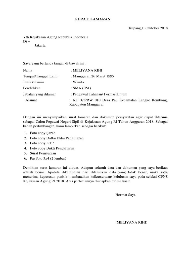 Permohonan untuk diangkat menjadi cpns kuningan,. Surat Lamaran Melly Pdf