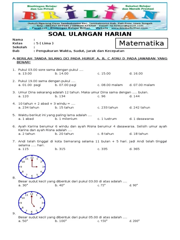 5 (lima) / ii genap. Soal Matematika Kelas 5 SD Bab 3 Pengukuran Waktu, Sudut ...