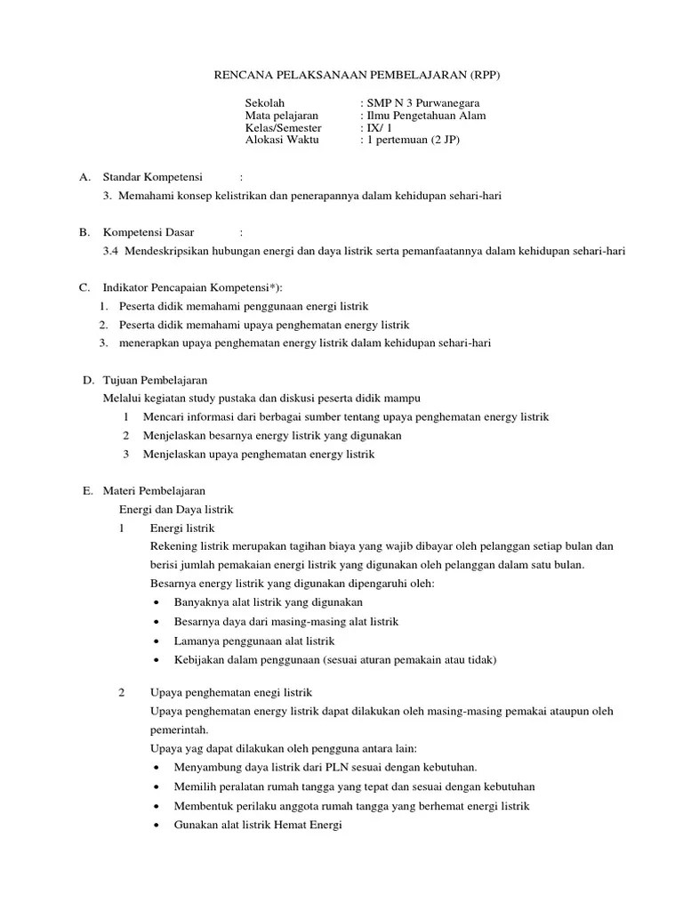 RPP Upaya Penghematan Energi Listrik