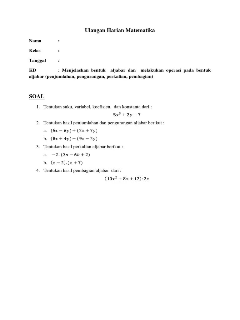 Ulangan Harian Matematika Kelas 7 Aljabar | PDF