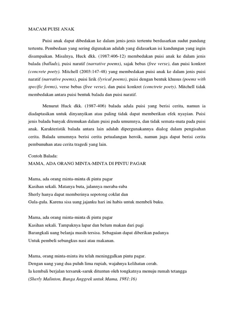 Berikut contoh puisi naratif yang ditulis oleh sastrawan indonesia. Macam Puisi Anak Pdf
