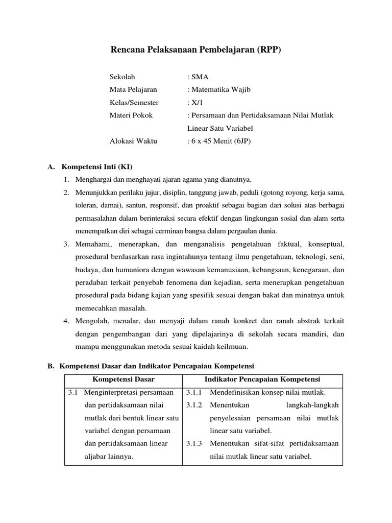 Pertidaksamaan nilai mutlak linear satu variable dengan tepat 3.1.6.1 peserta didik dapat menentukan penyelesaian persamaan nilai mutlak linear satu variable . Rpp Persamaan Dan Pertidaksamaan Nilai Mutlak