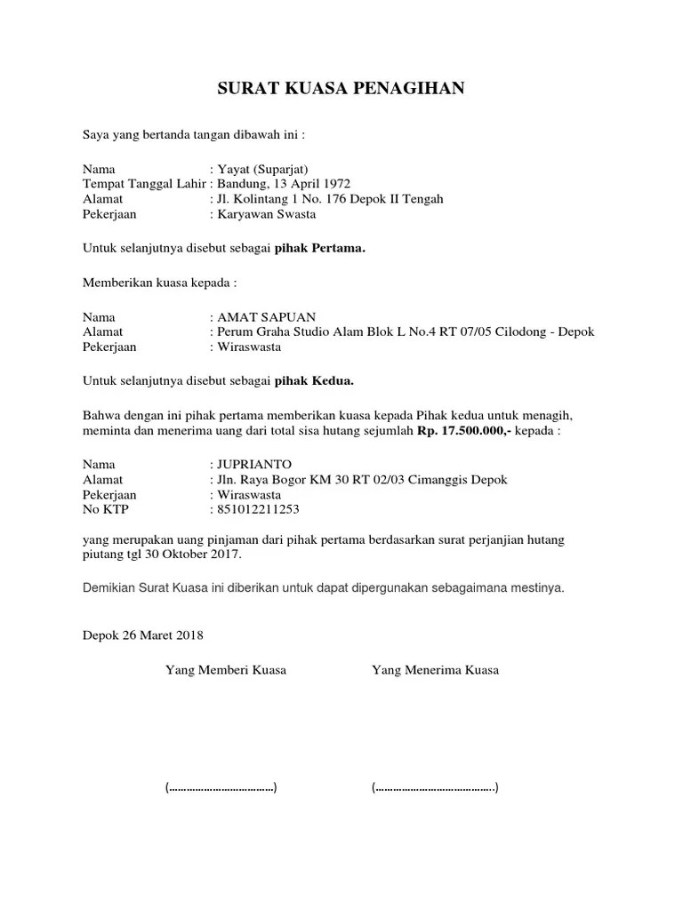 Contoh Format Surat Kuasa Penagihan Hutang | PDF