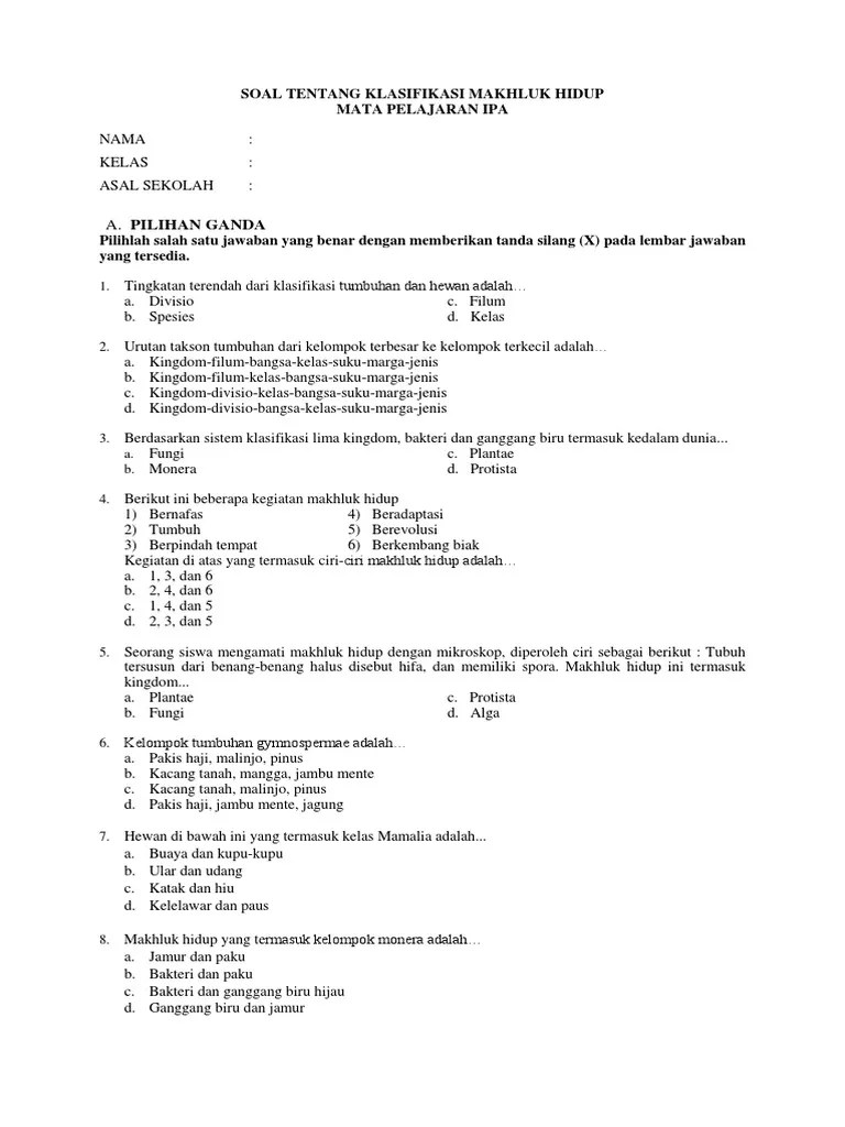 Pembelajaran biologi berbasis komputer dan internet jurusan: Soal Soal Klasifikasi Makhluk Hidup Pdf