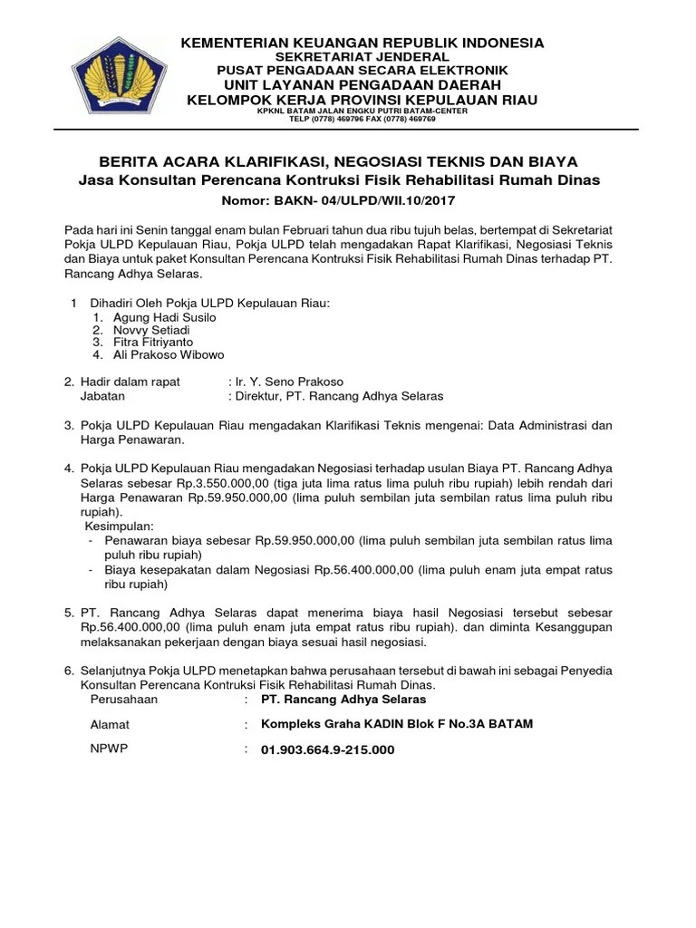 Dituangkan dalam berita acara klarifikasi dan. Contoh Berita Acara Negosiasi Teknis Dan Harga Akujolife