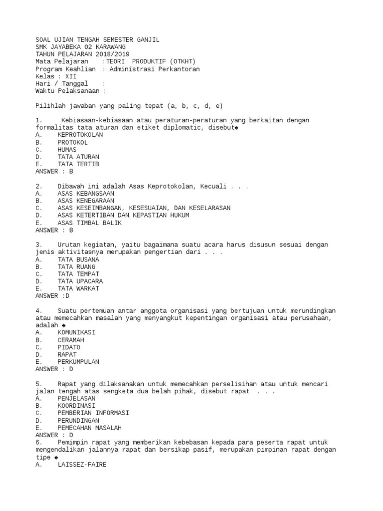Soal uas ap administrasi perkantoran kelas 10 11 12 semester 1 . Soal Uts Xii Ap Otomatisasi Tata Kehumasan Dan Keprotokolan