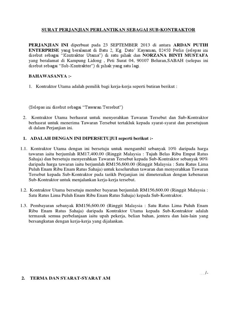 Contoh surat perjanjian sub kontraktor doc contoh seputar surat. Surat Perjanjian Perlantikan Sebagai Sub Kontraktor Pdf