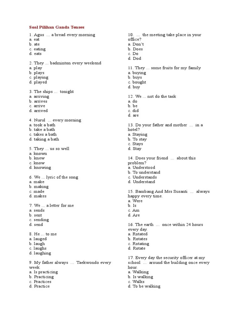 Buat 10 soal essay dan jawaban tentang materi penjas bola besar brainly co id. Soal Pilihan Ganda Tenses Foods