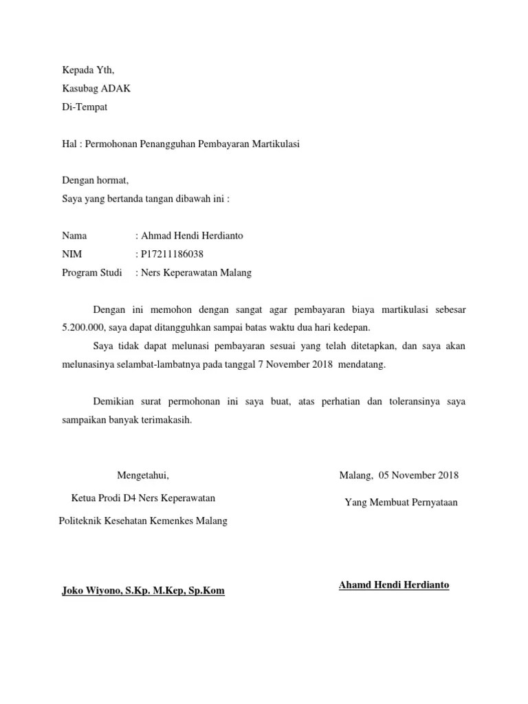 Surat ajuan permohonan diri mahasiswa diketahui orangtua/wali, kaprodi dan kajur; Penangguhan Pembayaran Bpjs Sedang