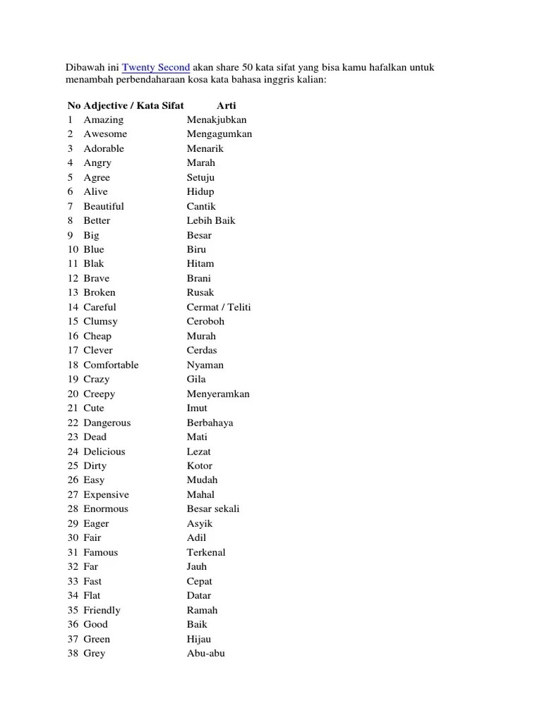 50 Kata Sifat B Inggris Dan Artinya | PDF