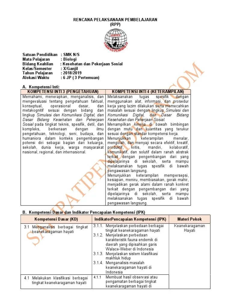 1.1 mengagumi keteraturan dan kompleksitas ciptaan tuhan tentang keanekaragaman hayati, ekosistem, dan lingkungan hidup. Rpp Biologi Kesehatan 10 Smk Pdf