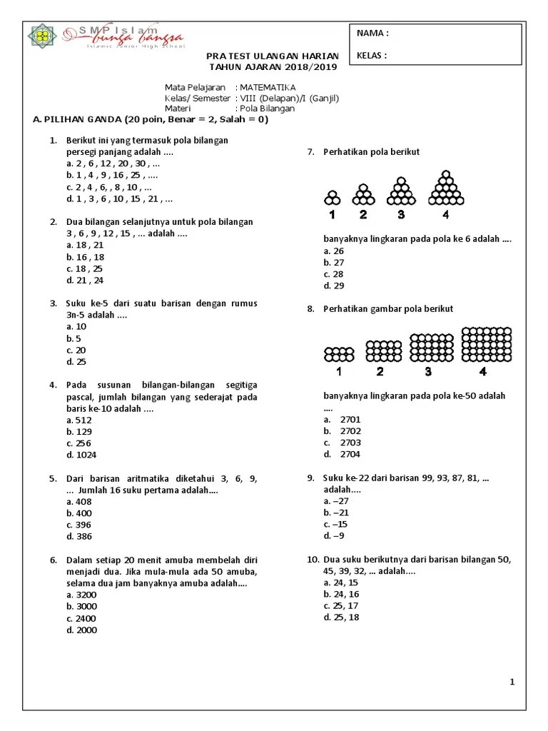 Yap, kalau dalam matematika kita mengenalnya dengan pola bilangan. Soal Matematika Pola Bilangan Kelas 8 Sekali