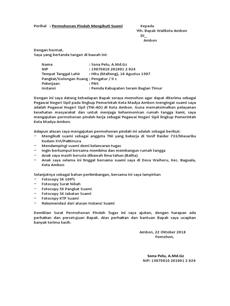 Dengan ini mengajukan permohonan pindah tempat tugas kepada ibu dari dinas kesehatan. Surat Pindah Tugas Pdf