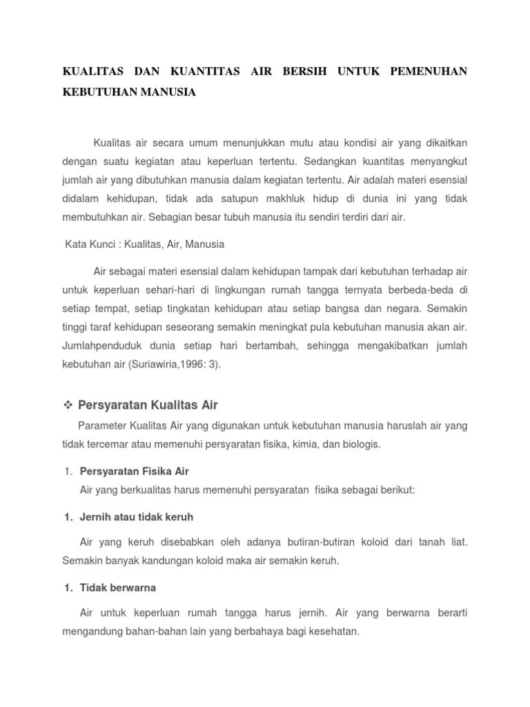 Kualitas Dan Kuantitas Air Bersih Untuk Pemenuhan Kebutuhan Manusia | PDF