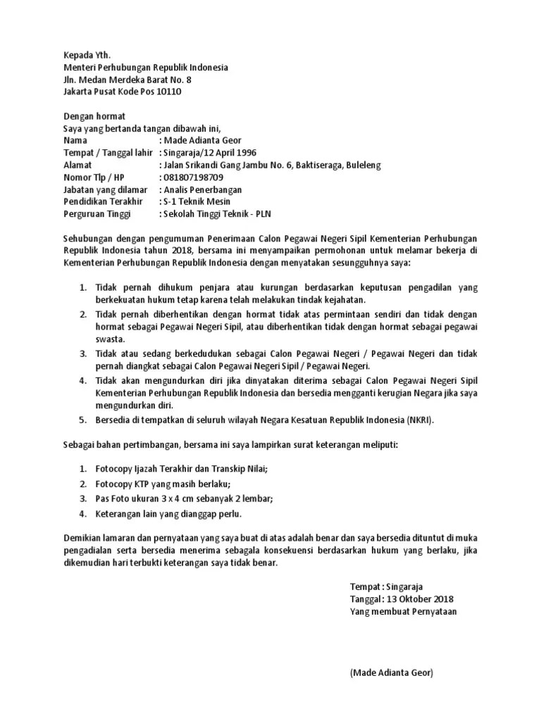 Contoh surat lamaran dan surat pernyataan seleksi cpns kemehub ri 2021. Contoh Surat Lamaran Kemenhub Python
