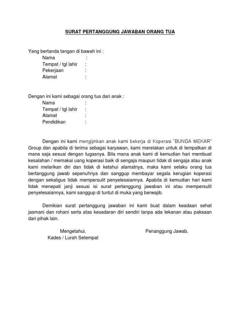 Berdasarkan surat keputusan rektor nomor . Surat Pertanggung Jawaban Orang Tua Pdf