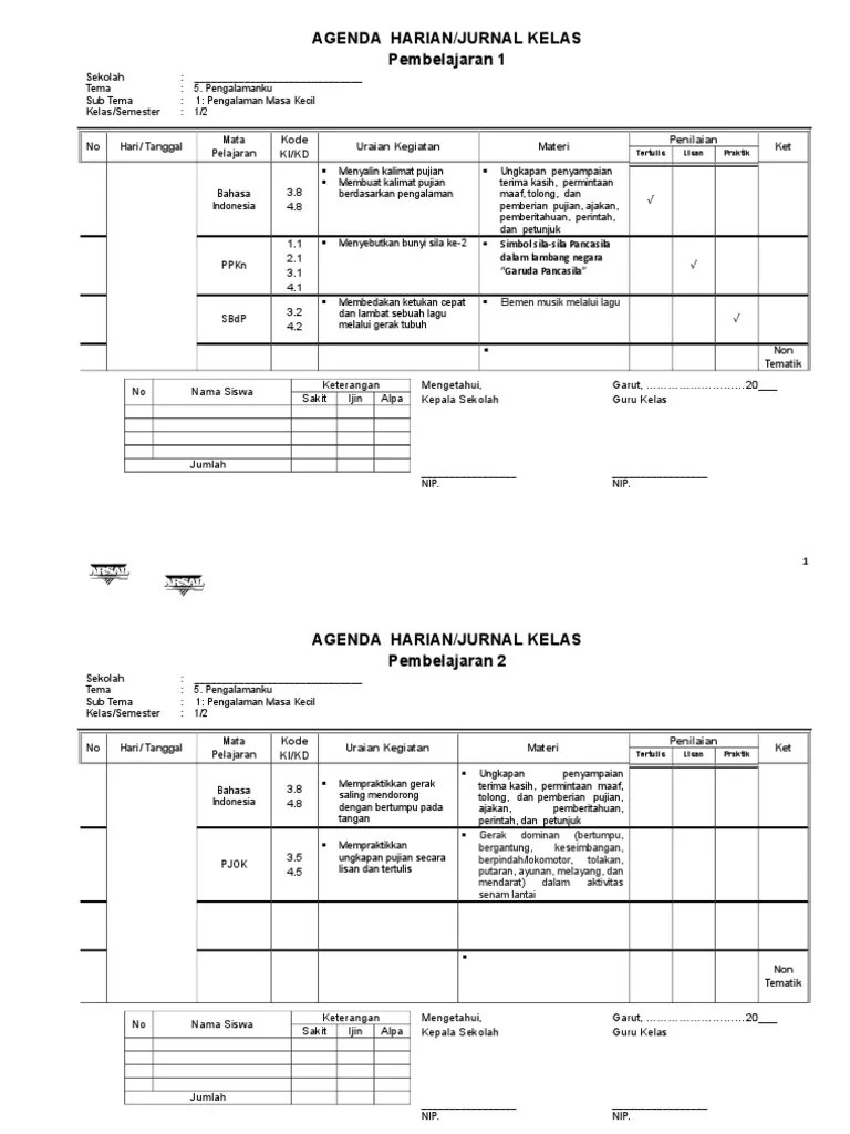 Oleh karena itu, melalui informasi singkat kali ini kami akan berikan contoh agenda harian guru supaya bapak/ibu guru lebih mudah . Agenda Harian Kelas 1 Tema 5 Pdf