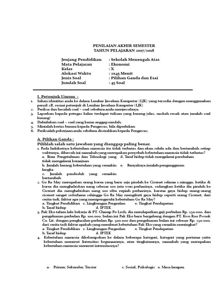 Berikut, contoh soal pg ekonomi kelas x semester satu dengan. Soal Pas Ekonomi Kelas 10 Pdf