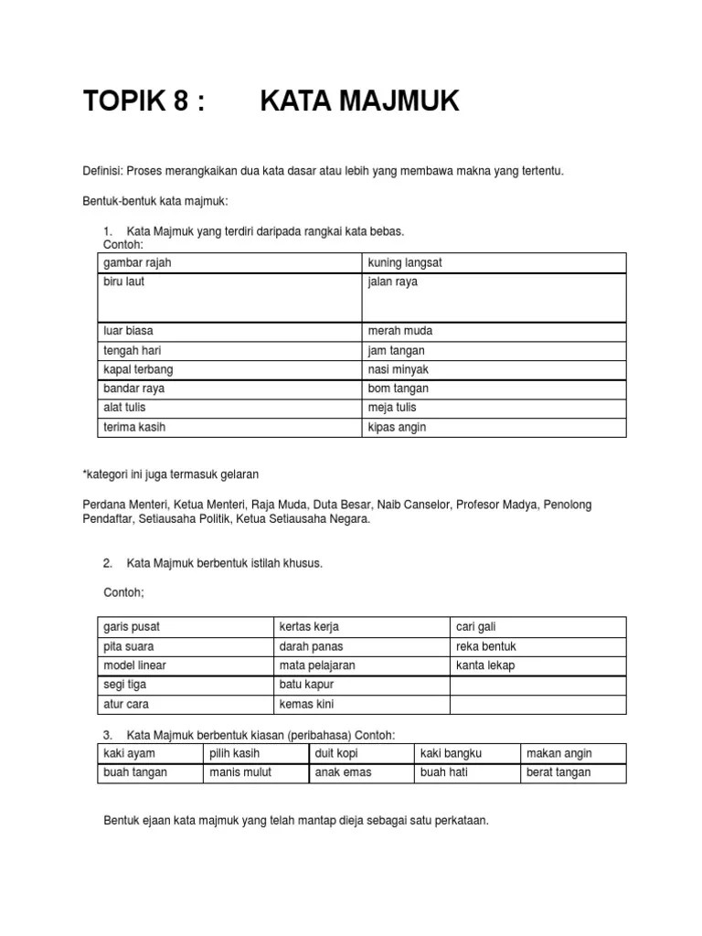 1) kata majmuk rangkai kata bebas • bentuk kata majmuk yang tidak mempunyai hubungan. Kata Majmuk Pdf