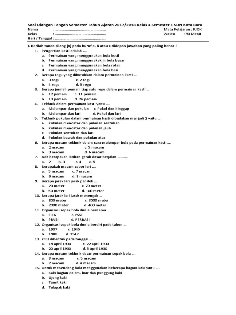 Soal uts/pts penjaskes kelas 4 semester 1, soal dan kunci jawaban uts/pts penjaskes kelas 4 kurtilas, contoh soal pts (uts) penjaskes sd/mi kelas 4 k13, . Soal Dan Kunci Jawaban Uts Pjok Kelas 4 Semester 1 Pdf