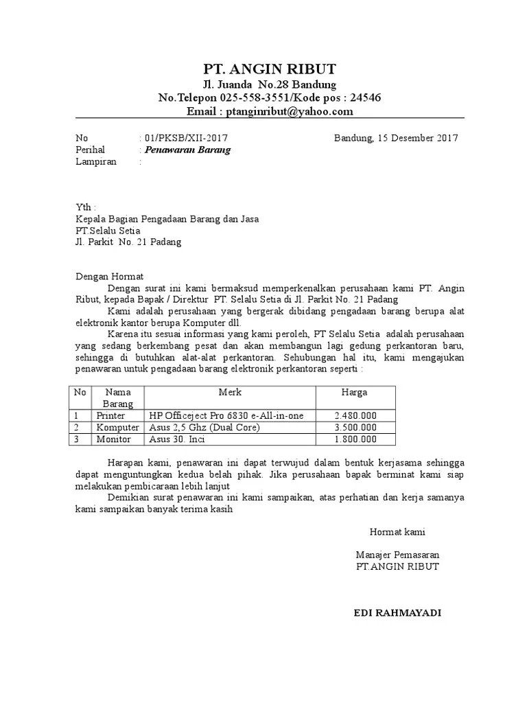 15 contoh surat penawaran barang jasa dan kerjasama suratresmi id. 3 Buah Contoh Surat Penawaran Barang Dan Balasannya 2018