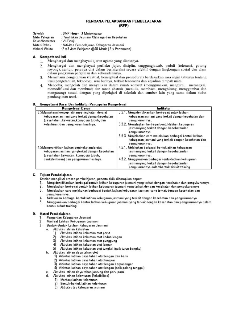 Aktivitas kebugaran jasmani (kd 3,4 dan 4.5) Rpp Kebugaran Jasmani Smp Kelas 7