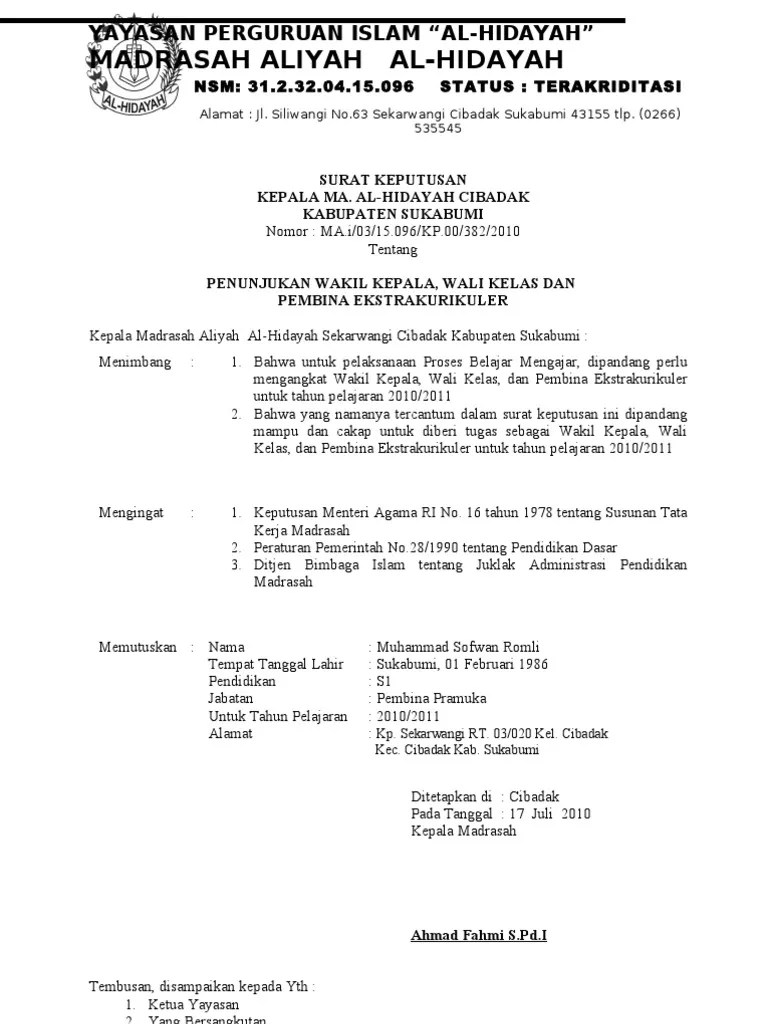 Surat keputusan kepala madrasah tentang pembagian tugas guru dalam kegiatan . Sk Pembina Pdf