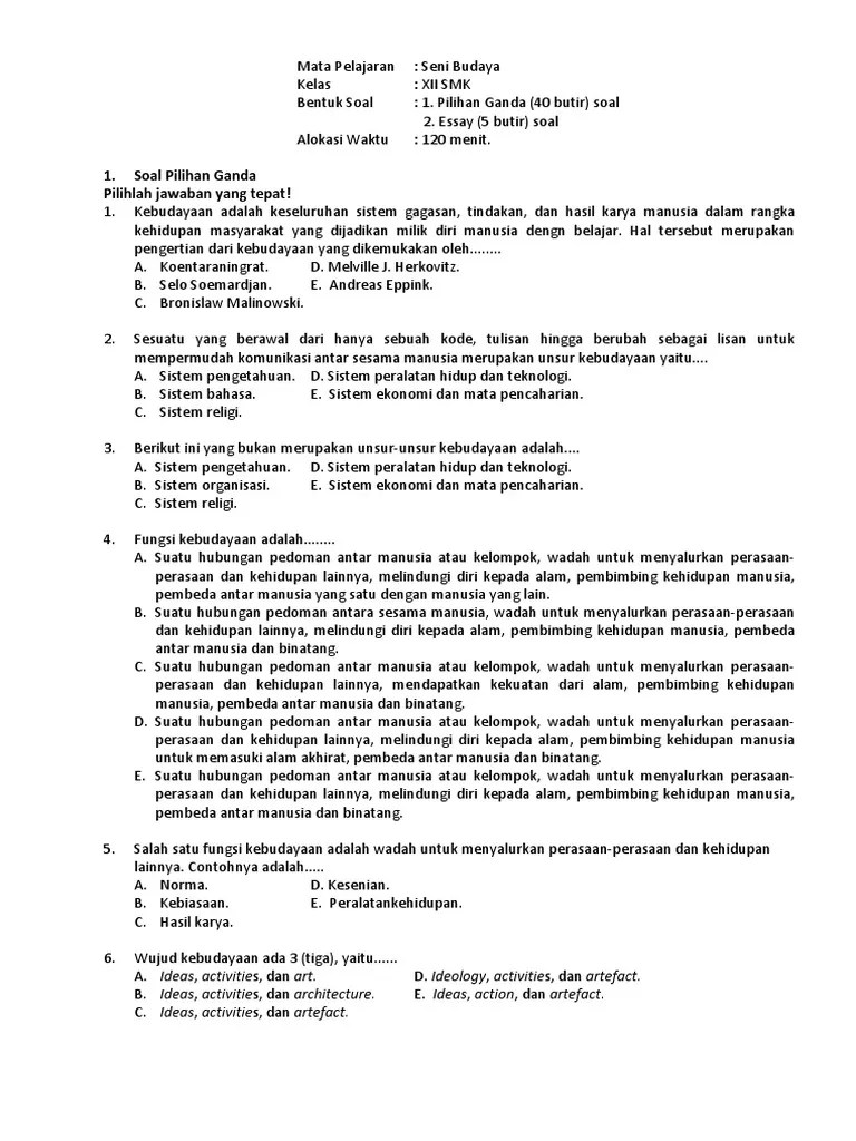 Inilah latihan soal seni budaya dan ketrampilan sd kelas 6. Soal Uraian Uasbn Seni Budaya Smk Beserta Jawaban