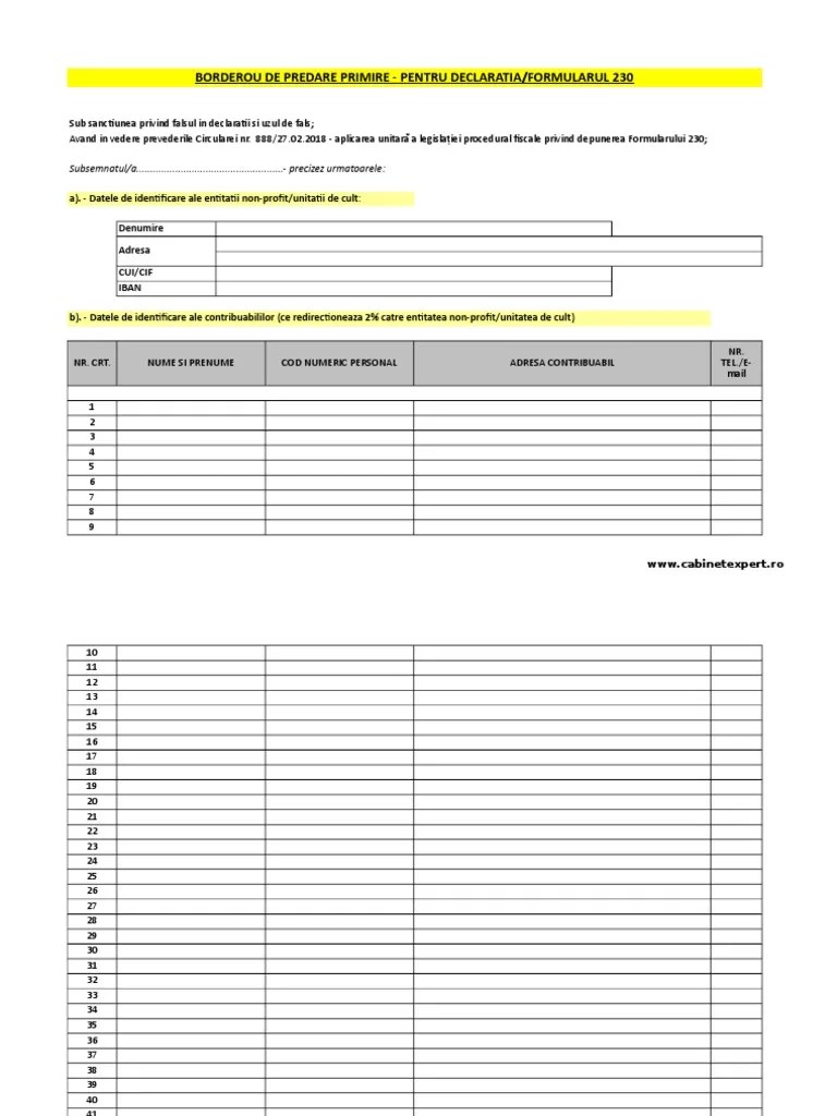 Clarificări parţiale privind depunerea de către ong la anaf a declaraţiei 230. Borderou F230 Pdf