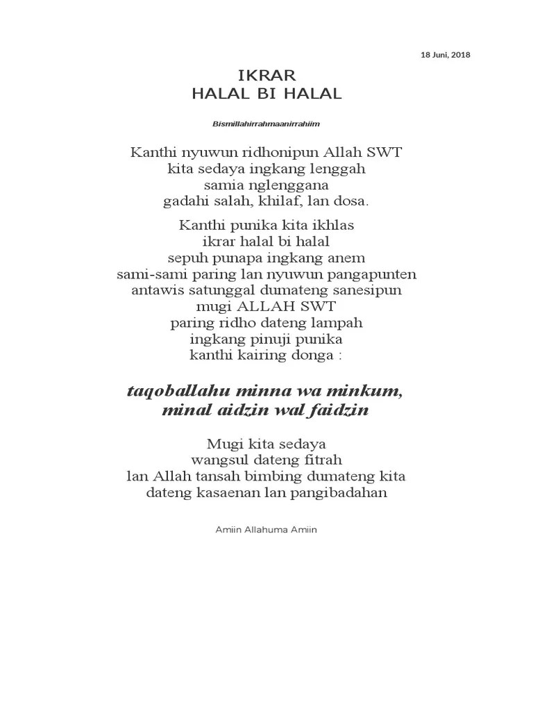 Contoh teks pembawa acara halal bihalal idul fitri. Contoh Ikrar Halal Bi Halal Bahasa Jawa 2