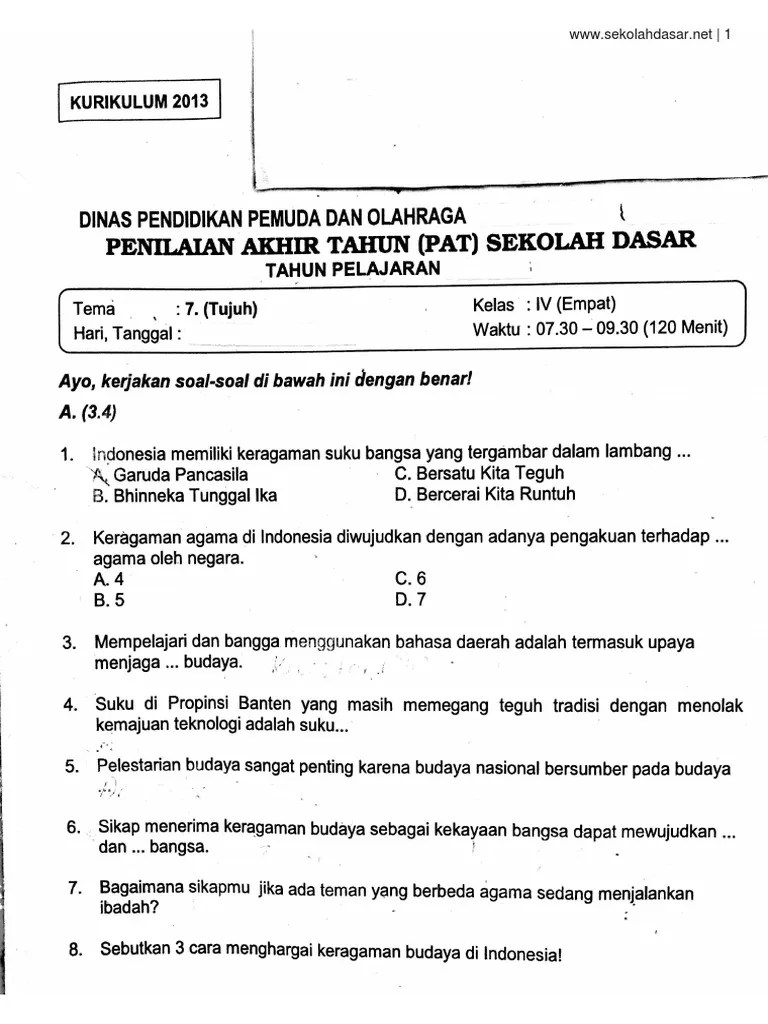 Soal Ulangan Kelas 4 Tema 7 | PDF