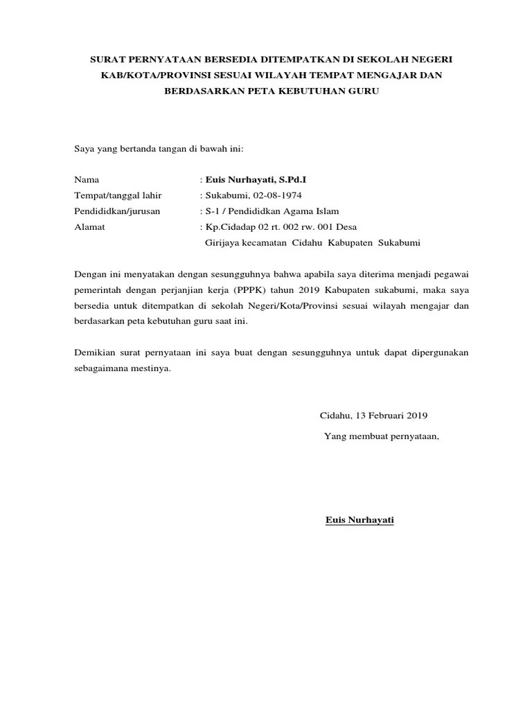 Bersedia ditempatkan di seluruh wilayah negara kesatuan republik indonesia atau negara lain yang ditentukan oleh kementerian. Surat Pernyataan Bersedia Ditempatkan Di Sekolah Negeri Bagi Contoh Surat