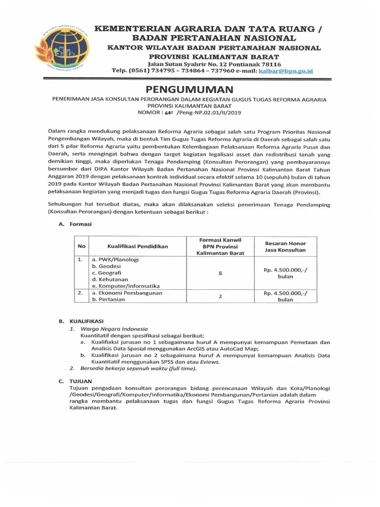 Penerimaan Jasa Konsultan Perorangan Dalam Kegiatan Gugus Tugas Reforma  Agraria Provinsi Kalimantan Barat | PDF