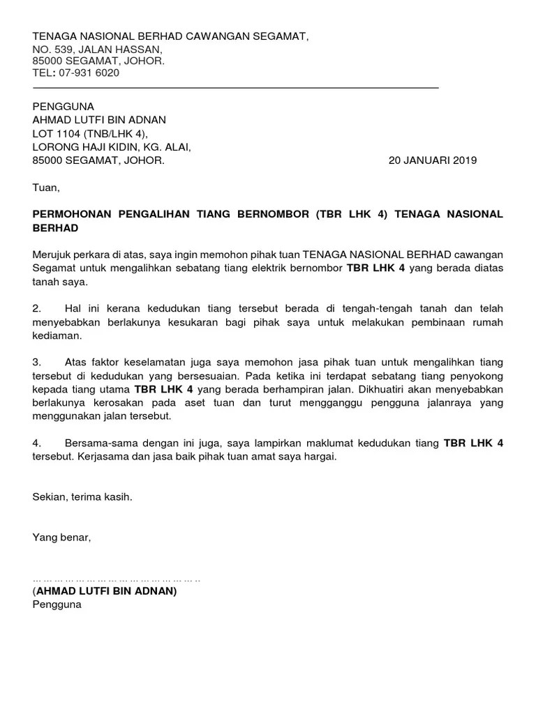 Caj bagi bekalan elektrik hendaklah ditentukan melalui meter yang sesuai. Surat Alih Tiang Elektrik Tnb 2019 Pdf