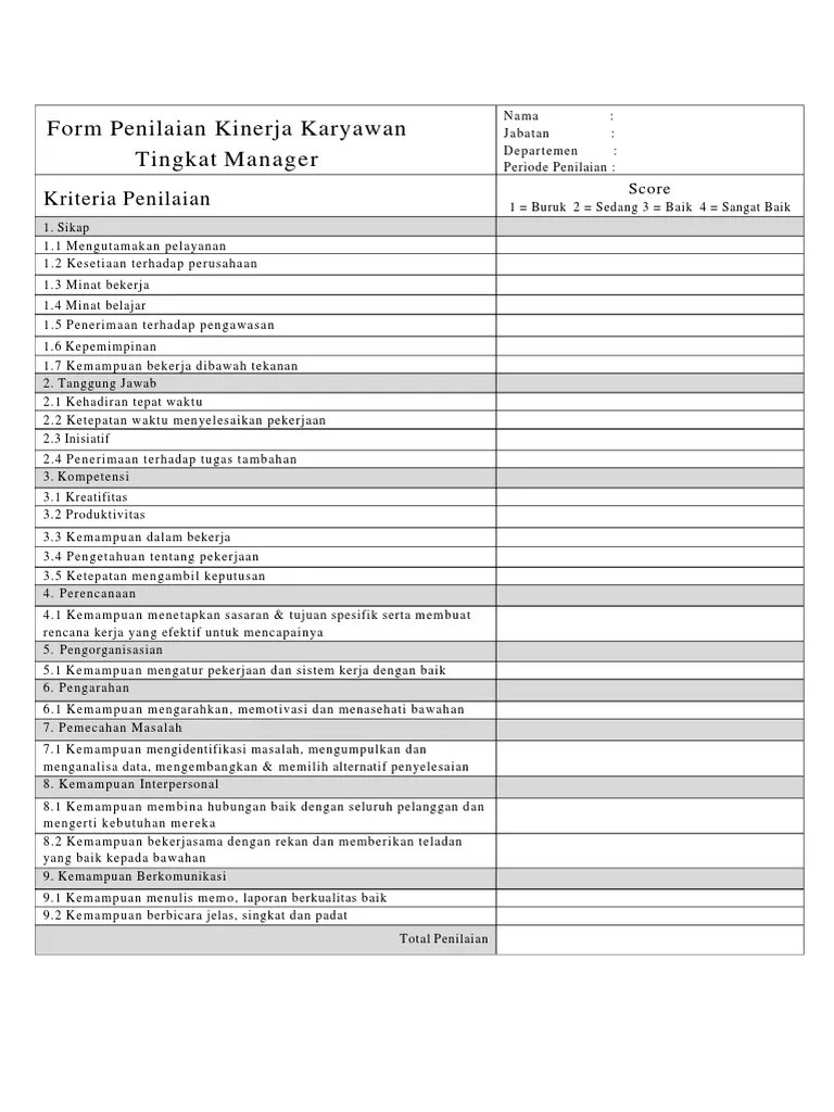 14 kriteria evaluasi kinerja karyawan · 1. Pdf Form Penilaian Kinerja Karyawan Tingkat Manager Pdf