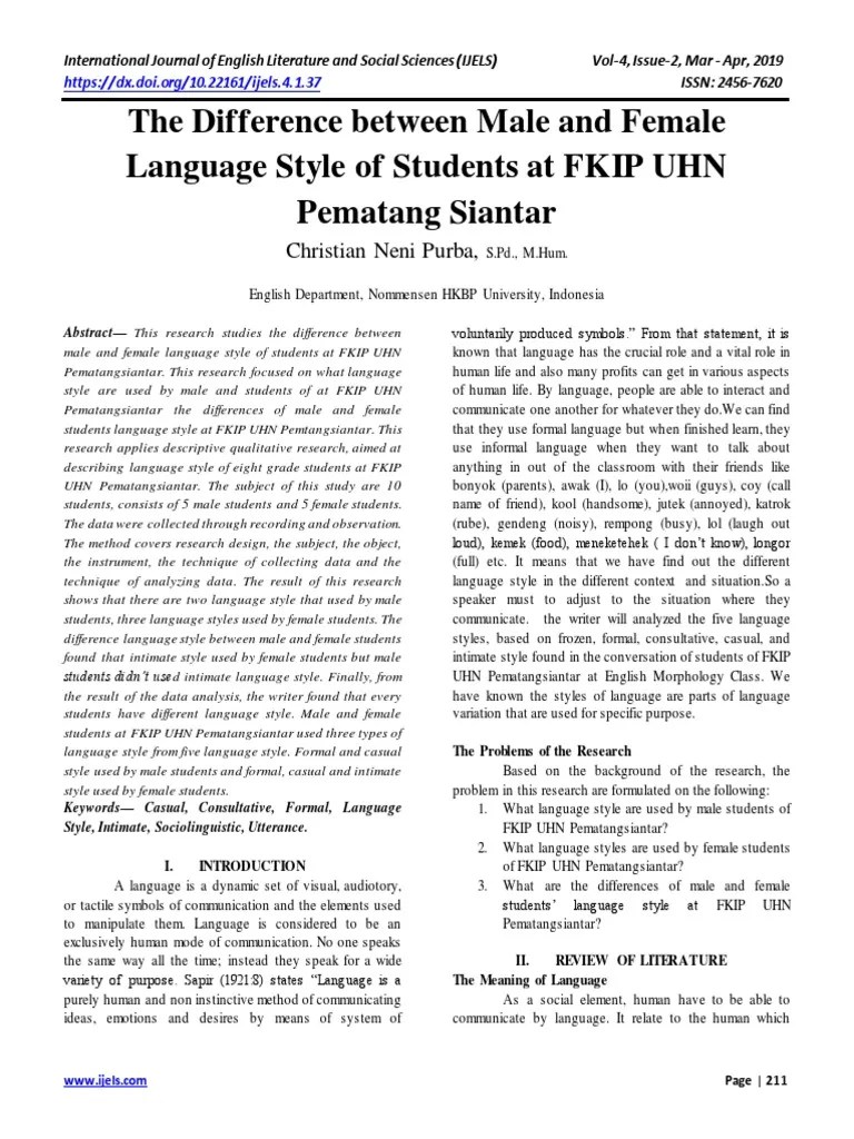 أنت يجب أن يكون لديك مرحلة رابعة فوق كمك. The Difference Between Male And Female Language Style Of Students At Fkip Uhn Pematang Siantar Pdf Qualitative Research Speech